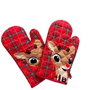 Rudolph the Red Nosed Reindeer Oven Mitts Pair Red Plaid Christmas Bioworld NWT